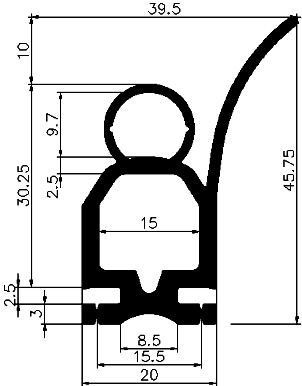 RT - G399 20×45,75 mm - EPDM-Kautschukprofile - Rolltor- und Fingerschutzprofile