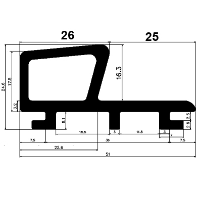 FN G558 51×24,6 mm - EPDM-Gummi-Profile - Fahnenprofile bzw. P-Profile FN G558 51×24,6 mm - EPDM-Gummi-Profile - Fahnenprofile bzw. P-Profile