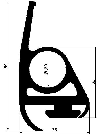 RT G588 69×38 mm - EPDM gumiprofilok - Gördülő ajtó - ujjvédő profilok