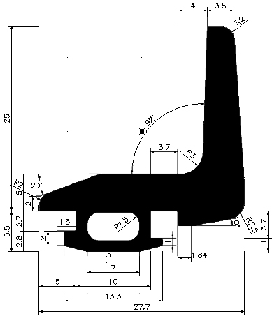 RT - G592 25×27,7 mm - EPDM-Kautschukprofile - Rolltor- und Fingerschutzprofile